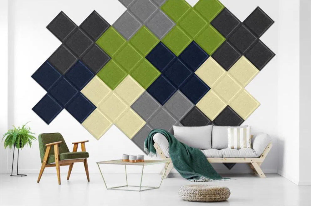 SQUARE BOLD 3D Acoustic Felt Wall Panels accent wall in living room interior BLACK DecorMania.eu